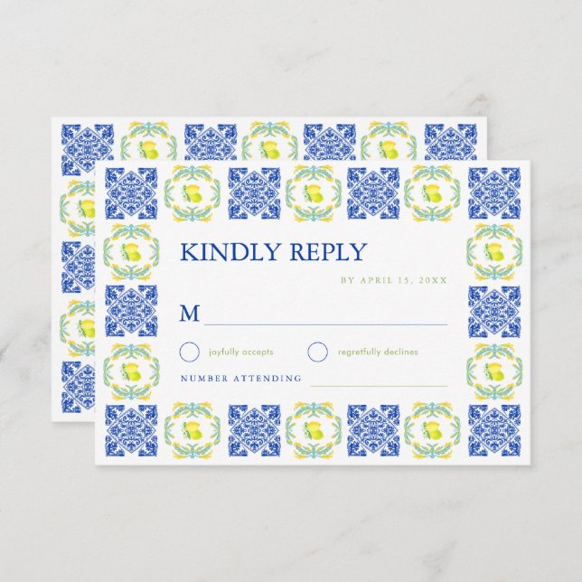 Tarjeta De Confirmación De Asistencia Italian Blue & Yellow Lemon Tile Wedding (Anverso / Reverso)