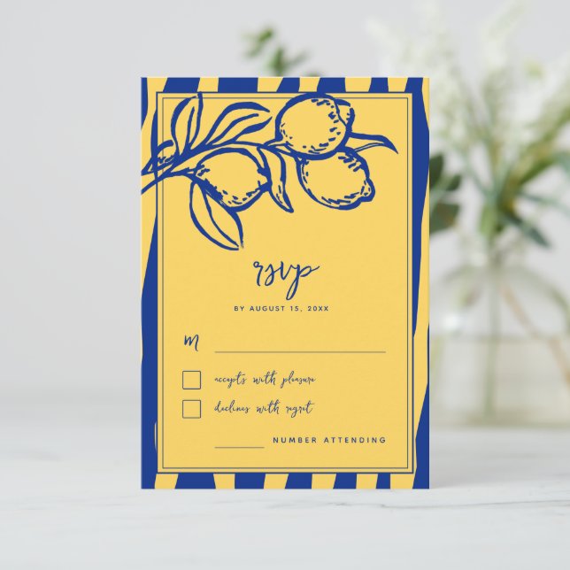 Tarjeta De Confirmación De Asistencia Italian Hand Drawn Lemon Handwritten Blue Wedding (Anverso de pie)