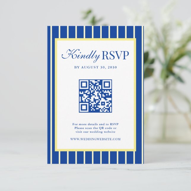 Tarjeta De Confirmación De Asistencia Italian Striped Blue & Yellow Wedding QR Code (Anverso de pie)