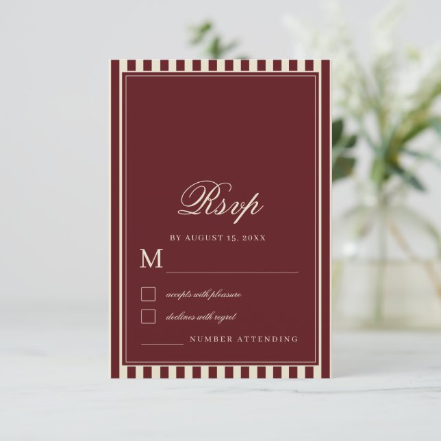 Tarjeta De Confirmación De Asistencia Ivory & Burgundy Stripes Border Retro Wedding (Anverso de pie)