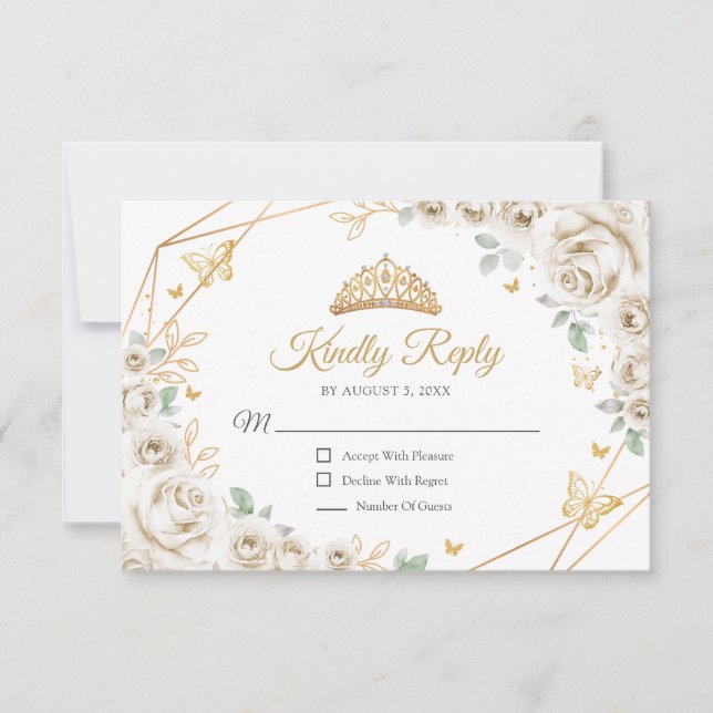 Tarjeta De Confirmación De Asistencia Ivory Cream Gold Floral Quinceanera Reply (Anverso)