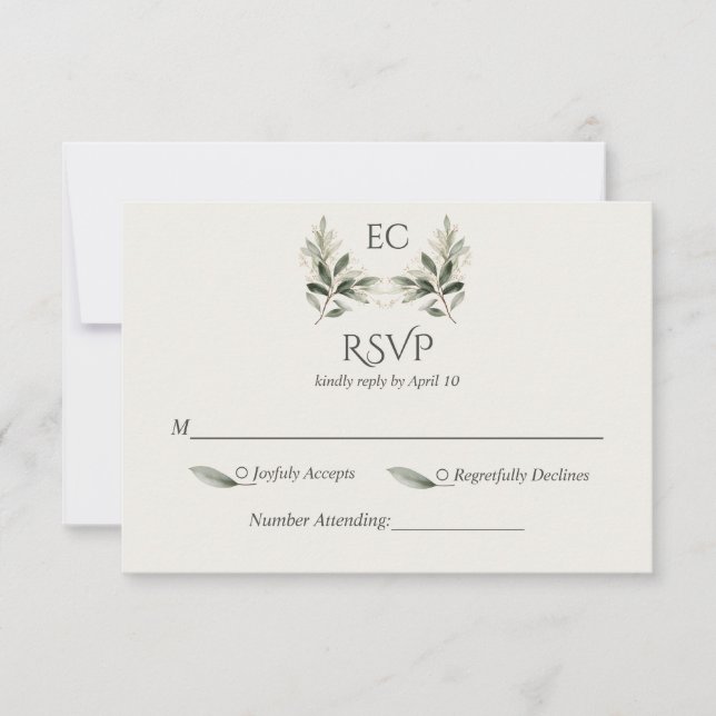 Tarjeta De Confirmación De Asistencia Ivory Olive Branch Monogram Wedding (Anverso)