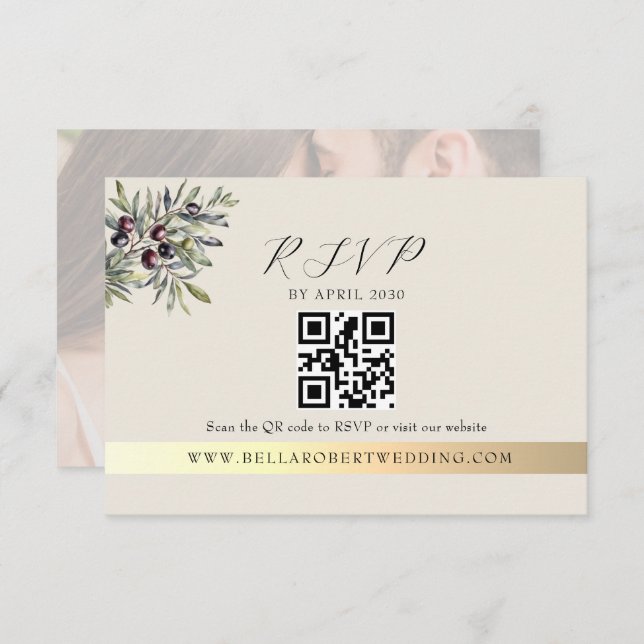 Tarjeta De Confirmación De Asistencia Ivory Olive Photo QR Wedding (Anverso / Reverso)