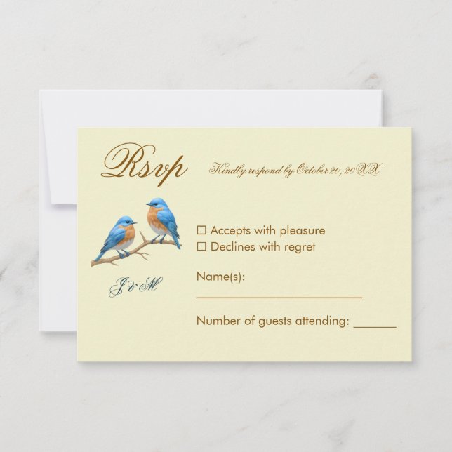 Tarjeta De Confirmación De Asistencia Ivory Pastel Lovebirds Romantic Bluebirds Boda (Anverso)