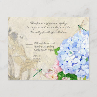 Tarjeta De Confirmación De Asistencia Jardín inglés, azul y rosa Hydrangeas acuarela