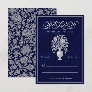 Tarjeta De Confirmación De Asistencia Jarrón de flores de herencia elegante boda azul ma