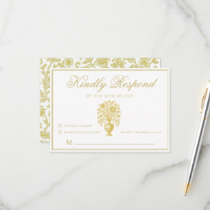 Tarjeta De Confirmación De Asistencia Jarrón Floral Heritage Clásico Boda Marfil Dorado