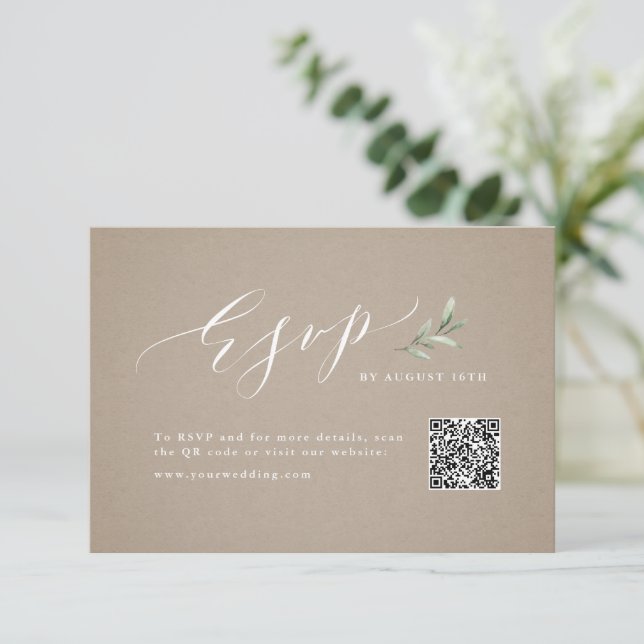 Tarjeta De Confirmación De Asistencia Kraft caligrafía vegetación rústica boda código QR (Anverso de pie)