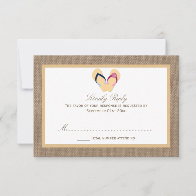 Tarjeta De Confirmación De Asistencia La colección de Bodas Flip-Flop Sand Beach Burlap (Anverso)