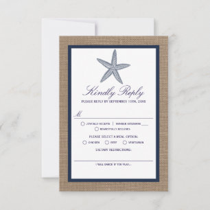 Tarjeta De Confirmación De Asistencia La colección de bodas Starfish Burlap Beach de la