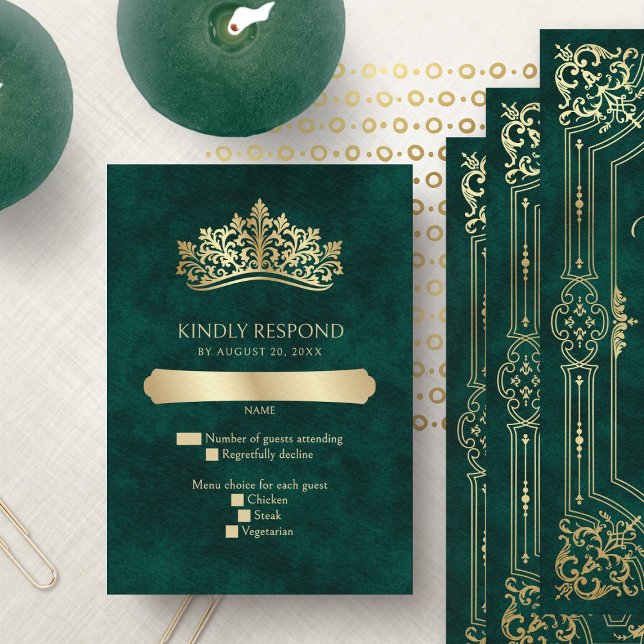 Tarjeta De Confirmación De Asistencia La Corona Verde Tiara Elegante Quinceanera (Subido por el creador)