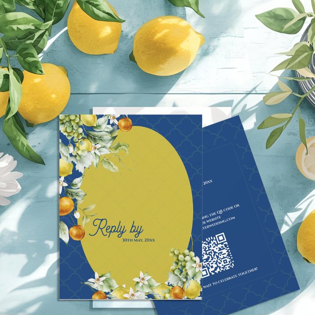 Tarjeta De Confirmación De Asistencia La Dolce Vita Citrus Blue Gold QR Code Wedding (La Dolce Vita Citrus Blue Gold QR Code Wedding RSVP Card)