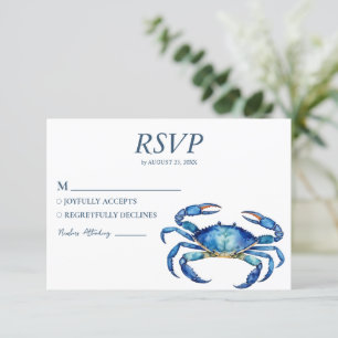 Tarjeta De Confirmación De Asistencia La moda acuarela azul cangrejo boda náutica