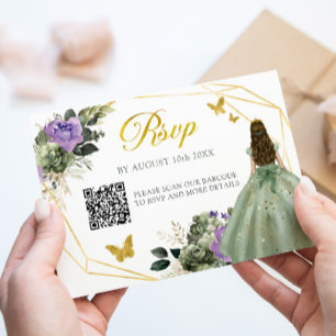 Tarjeta De Confirmación De Asistencia La princesa púrpura verde sabia Quinceañera QR