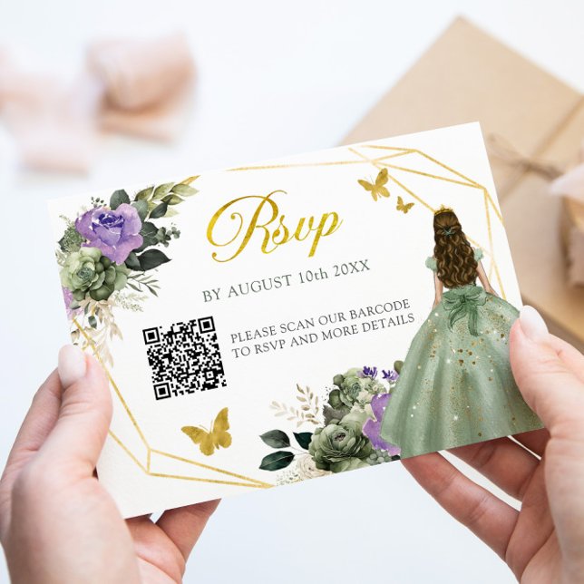 Tarjeta De Confirmación De Asistencia La princesa púrpura verde sabia Quinceañera QR (Subido por el creador)