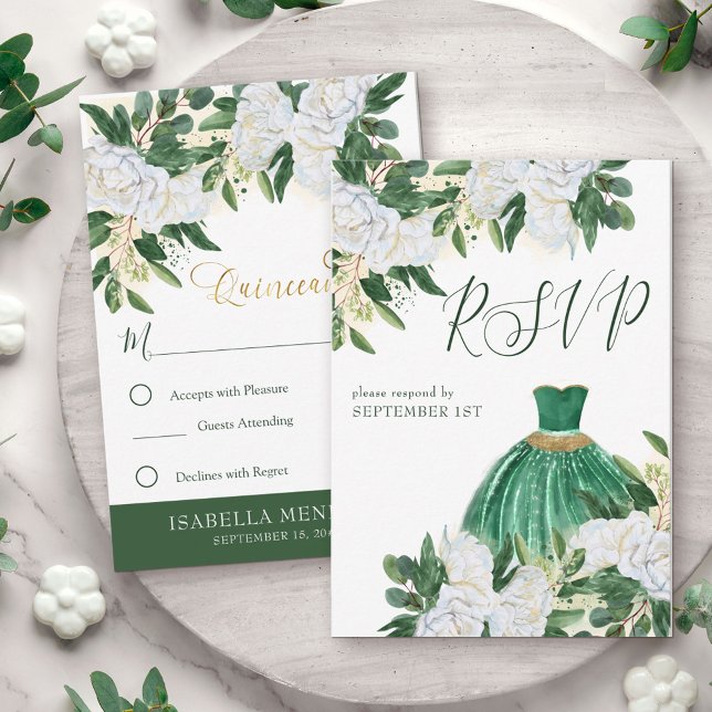 Tarjeta De Confirmación De Asistencia La vegetación esmeralda White Peony Quinceanera Pr (Quinceanera Princess RSVP response card from my Emerald Greenery and White Peony Collection)