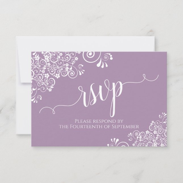 Tarjeta De Confirmación De Asistencia Lace blanco sobre Lavender Elegante Boda caligráfi (Anverso)