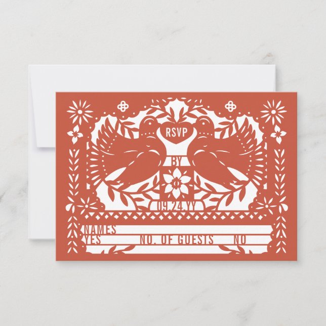 Tarjeta De Confirmación De Asistencia Ladrillo Rojo Mexicano Doñas Fantales Papel Picado (Anverso)