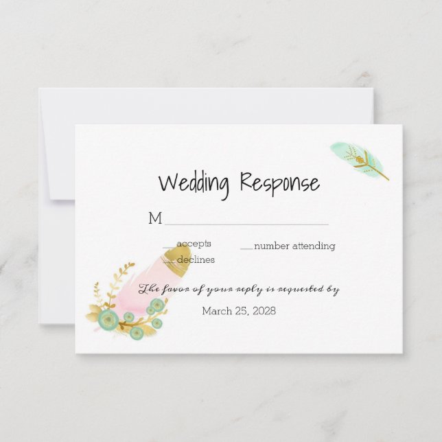 Tarjeta De Confirmación De Asistencia Las plumas de oro y rosado del Boho (Anverso)