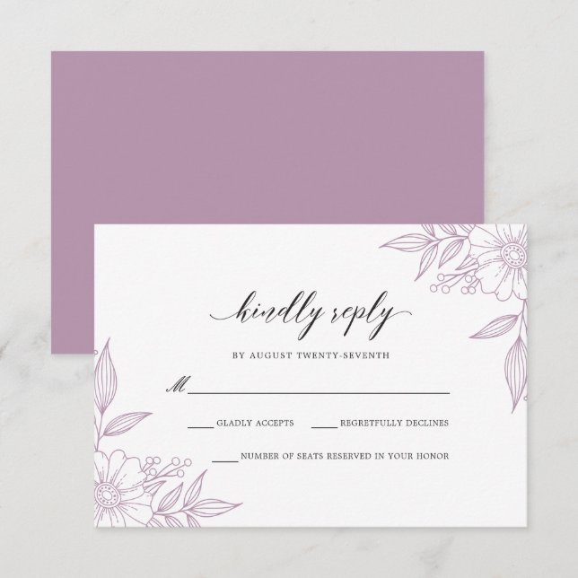 Tarjeta De Confirmación De Asistencia Lavanda Boda floral simple y delgada (Anverso / Reverso)