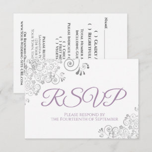 Tarjeta De Confirmación De Asistencia Lavanda y Blanco Elegante Boda de Encaje de Plata