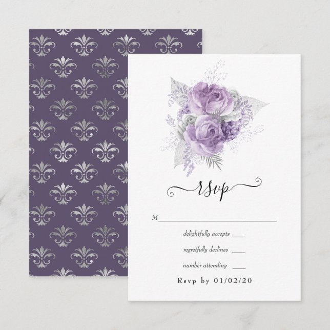 Tarjeta De Confirmación De Asistencia Lavanda y Boda floral plateado (Anverso / Reverso)