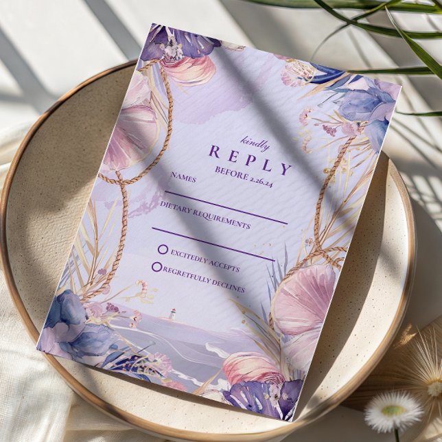 Tarjeta De Confirmación De Asistencia Lavender Coastal Seashell Rope Wedding (Subido por el creador)