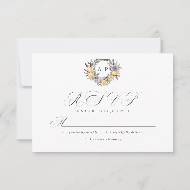 Tarjeta De Confirmación De Asistencia Lavender Lemon Monograma Boda Escudo Floral (Anverso)