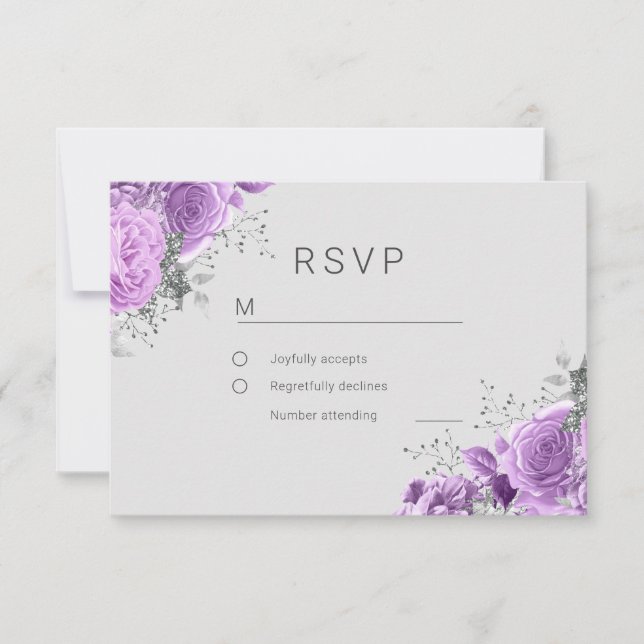 Tarjeta De Confirmación De Asistencia Lavender Purple & Silver Floral Elegante Boda (Anverso)
