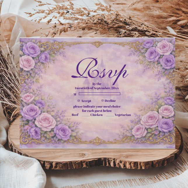 Tarjeta De Confirmación De Asistencia Lavender Rose Gold Garden Quinceañera (Subido por el creador)