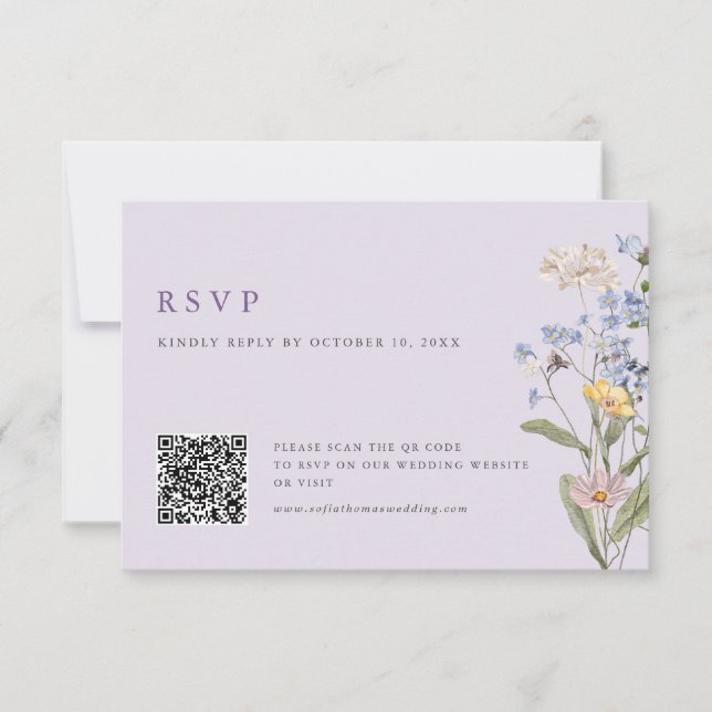 Tarjeta De Confirmación De Asistencia Lavender Spring Wildflower Meadow Wedding QR Code (Anverso)