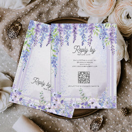 Tarjeta De Confirmación De Asistencia Lavender Wisteria Floral Arch QR Code Wedding