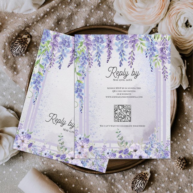 Tarjeta De Confirmación De Asistencia Lavender Wisteria Floral Arch QR Code Wedding (Lavender Wisteria Floral Arch QR Code Wedding RSVP Card | Purple Garden Wedding Response Card)