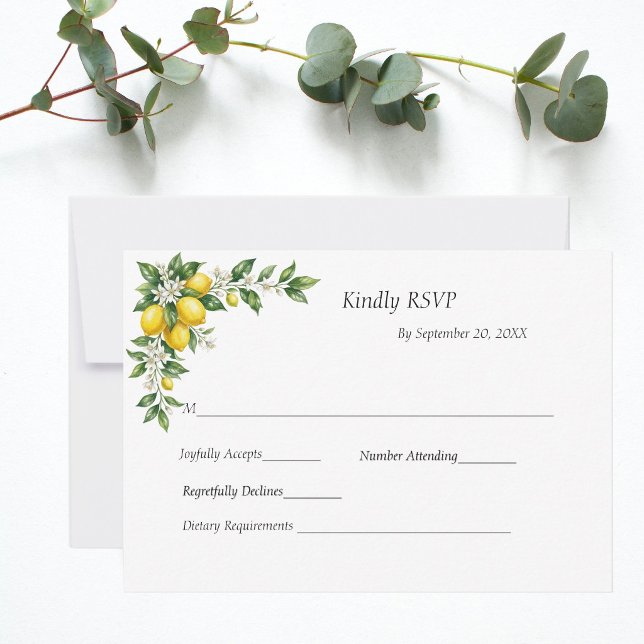 Tarjeta De Confirmación De Asistencia Lemons Floral Greenery Traditional Formal Wedding (Lemons White Florals Citrus Mediterranean Wedding RSVP card)