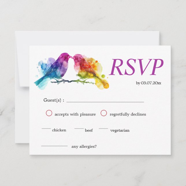 Tarjeta De Confirmación De Asistencia LGBTQ+ con requisitos dietéticos Rainbow Lovebirds (Anverso)