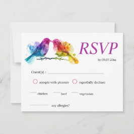 Tarjeta De Confirmación De Asistencia LGBTQ+ con requisitos dietéticos Rainbow Lovebirds