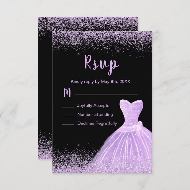 Tarjeta De Confirmación De Asistencia Light Purple Dress Faux Glitter Quinceanera (Anverso / Reverso)