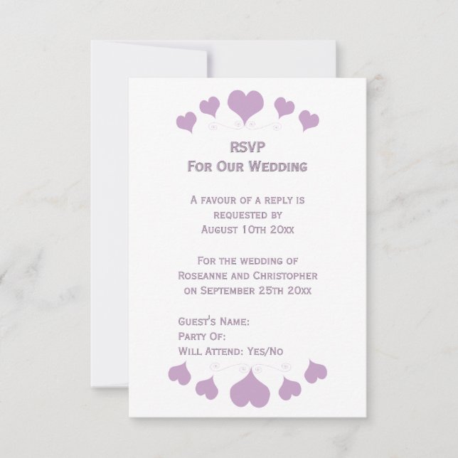Tarjeta De Confirmación De Asistencia Lilac Hearts Design Wedding (Anverso)