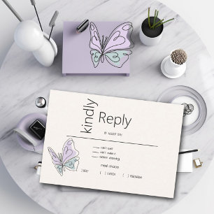 Tarjeta De Confirmación De Asistencia Lilac minimalista moderno y mariposa azul turbia
