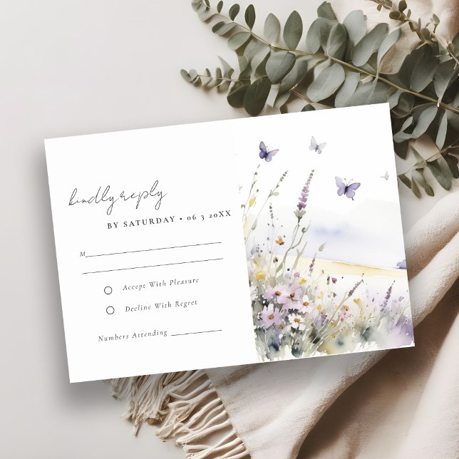 Tarjeta De Confirmación De Asistencia Lilac Wildflower Butterfly Field Wedding Recepcion (Subido por el creador)