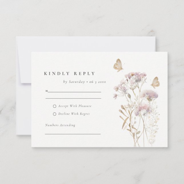 Tarjeta De Confirmación De Asistencia Lilac Wildflower Fern Foliage Boda de acuarela (Anverso)