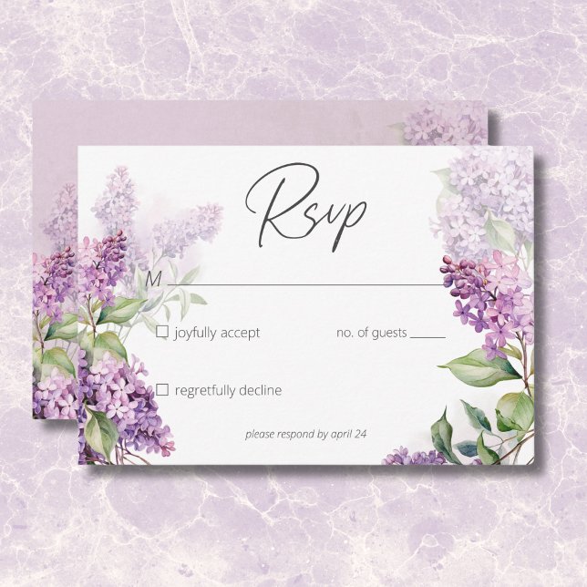 Tarjeta De Confirmación De Asistencia Lilacs románticos modernos morado y salvia (Modern Romantic Purple & Sage Lilacs RSVP Card)