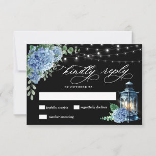 Tarjeta De Confirmación De Asistencia Linterna de Hortensia Azul Boda Boho Negra