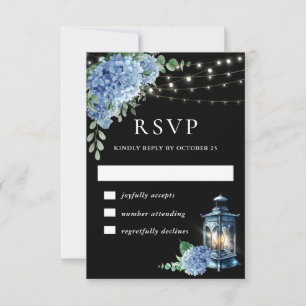 Tarjeta De Confirmación De Asistencia Linterna de Hortensia Azul Boda Boho Negra