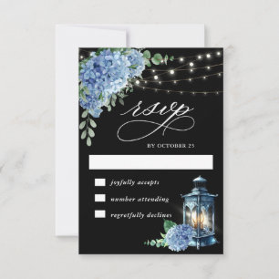 Tarjeta De Confirmación De Asistencia Linterna de Hortensia Azul Boda Boho Negra