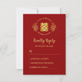 Tarjeta De Confirmación De Asistencia Logotipo floral de doble felicidad roja boda china