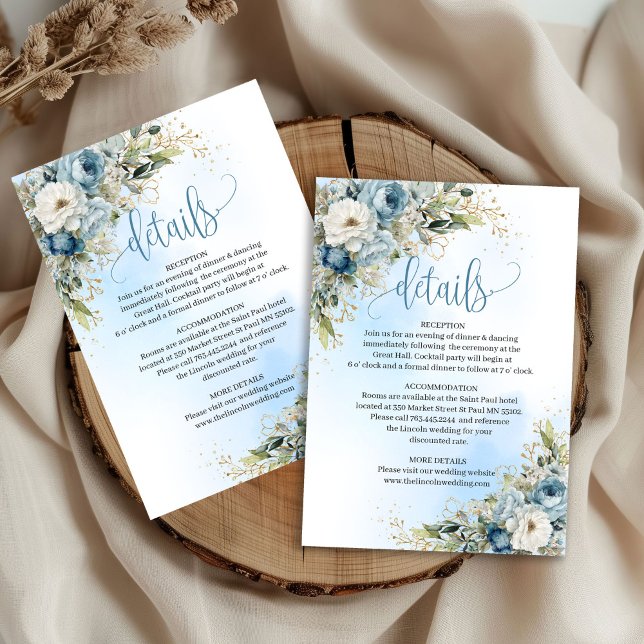 Tarjeta De Confirmación De Asistencia Lovely Dusty Blue Floral Gold Wedding Info Card (Lovely Dusty Blue Floral Gold Wedding Info Card

)