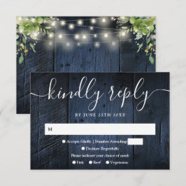 Tarjeta De Confirmación De Asistencia Luces de Cuerda de Madera Azul Boda Boho con Verde