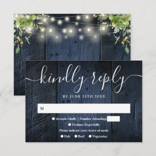 Tarjeta De Confirmación De Asistencia Luces de Cuerda de Madera Azul Boda Boho con Verde