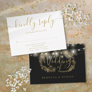Tarjeta De Confirmación De Asistencia Luces de Cuerda Negras y Doradas Florales Boda
